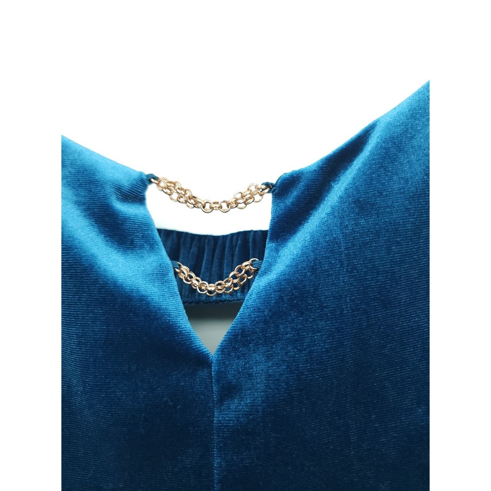 Meraki Women L Modern Glam Festival Velvet Crop Top Teal Blu Elastic Back Chains - Picture 2 of 8